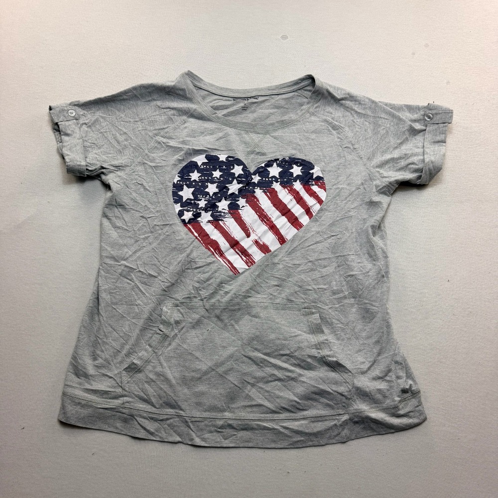 Woman Within T Shirt Women Medium 14/16 Gray Excellent American Flag Heart Top